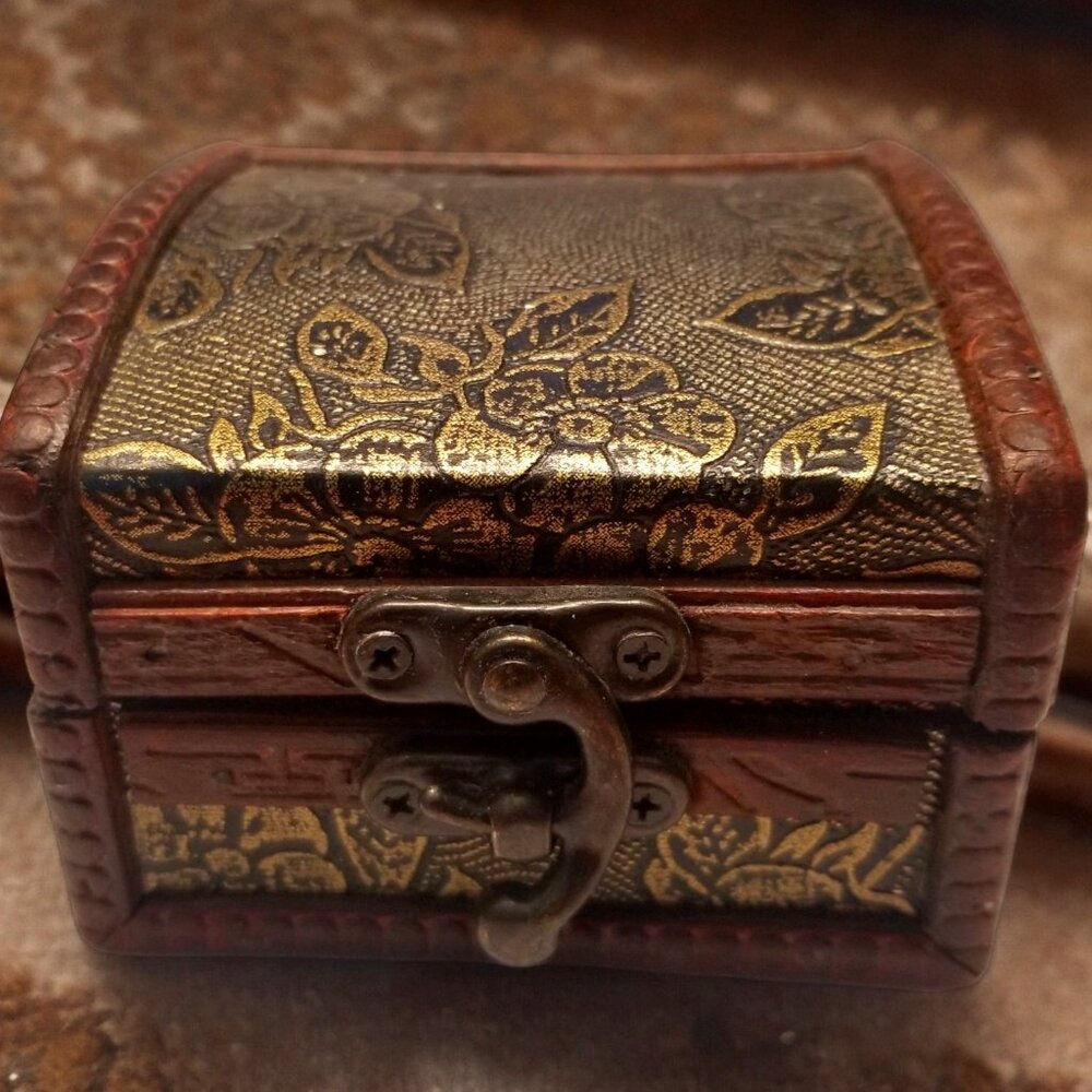 Wooden Treasure Chest Box W/Bronze Color Floral Antique Style Spiritual God Box